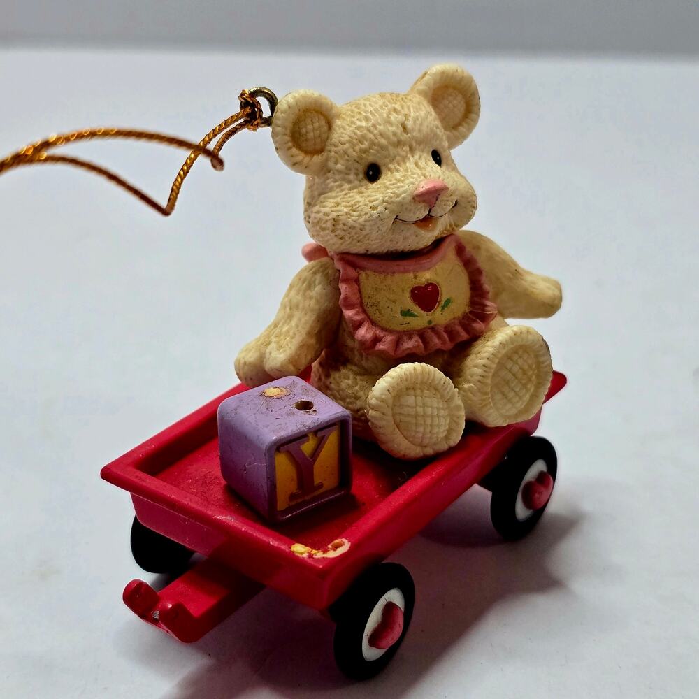 Vintage 1997 Lustre Fame Bear in Wagon Christmas Ornament Heart Wheels Block